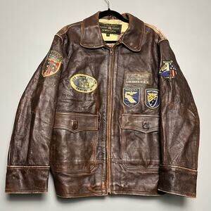Avirex Vintage Brown Leather Bomber Jacket USA Navy Patch Military Men’s Size M